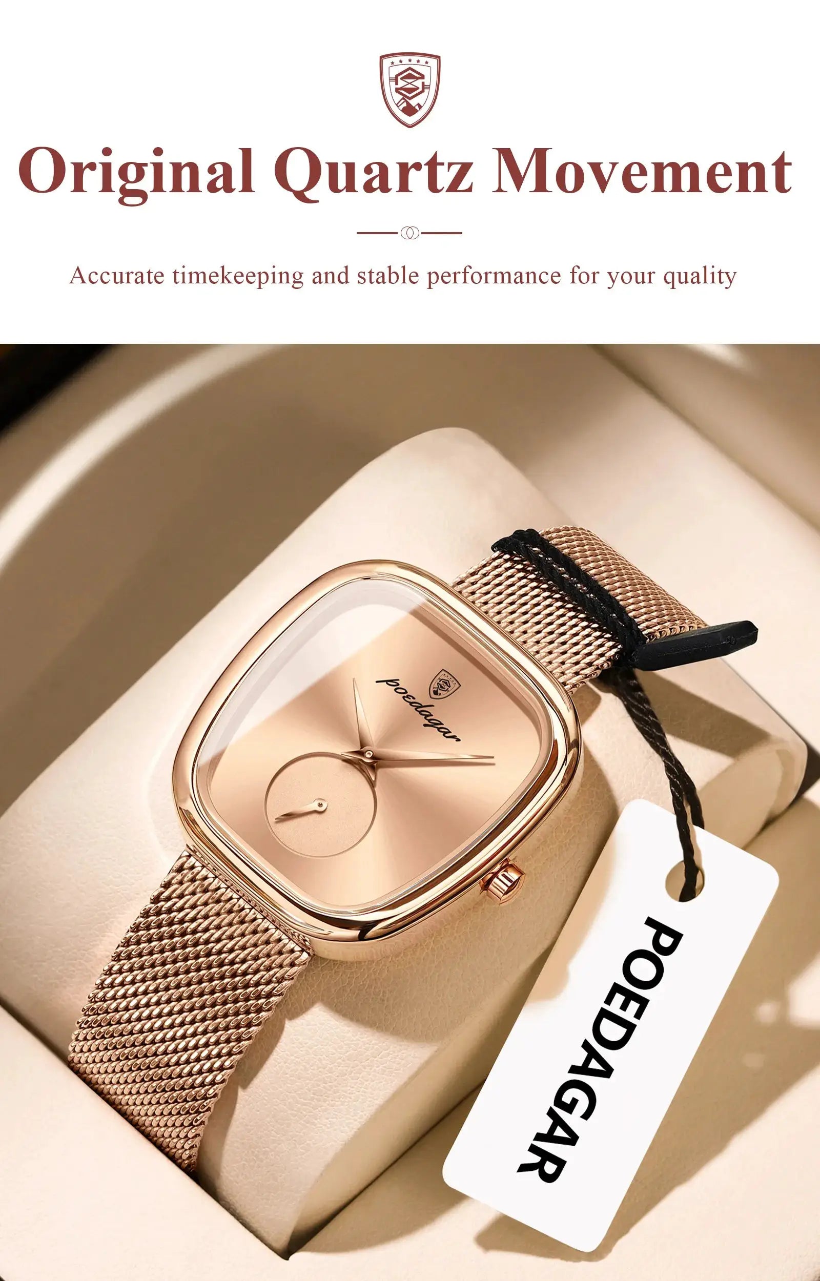 POEDAGAR rose-gold tone women's mesh stainless steel watch with square case and quartz movement