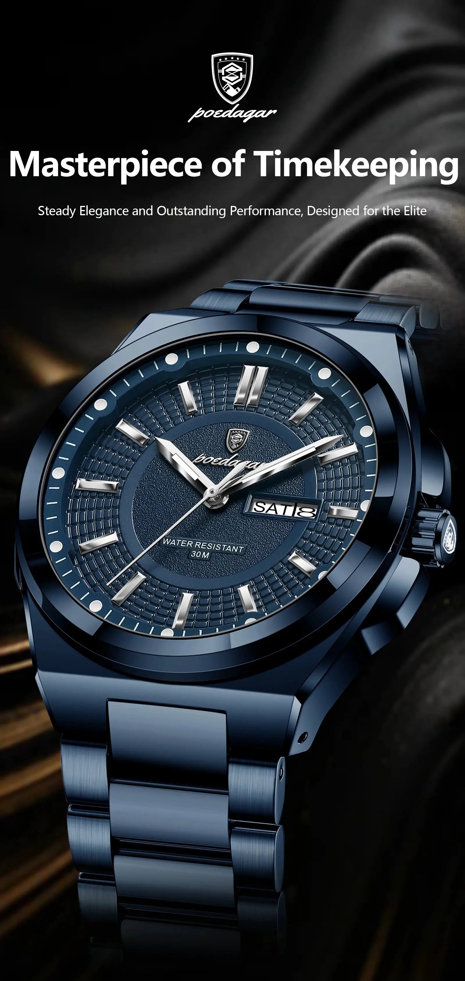 POEDAGAR sport men's blue stainless steel wristwatch by Simples Market with date window and water resistance