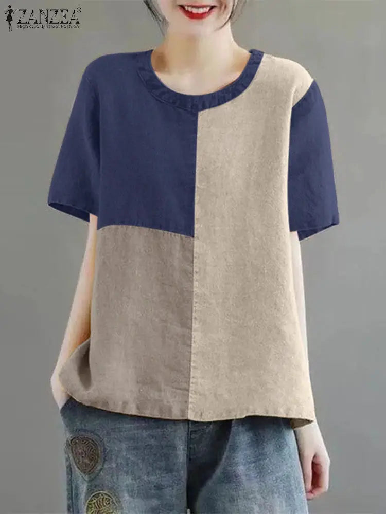 ZANZEA Women Patchwork Blouse Cotton Linen Short Sleeve Round Neck Top
