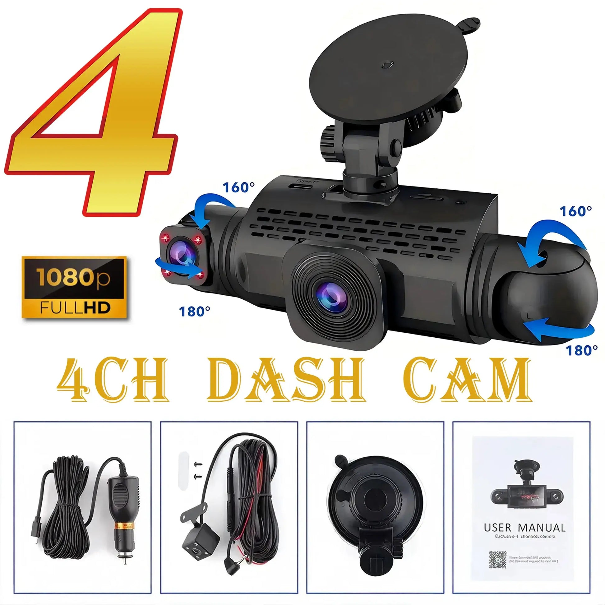 Simples Market black car dash cam 4-channel FHD 1080p with front/left/right/rear cams and hardwire kit