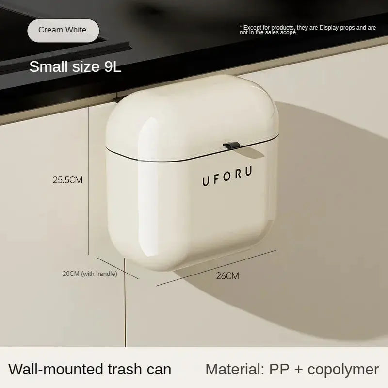 Wall-mounted cream-colored trash can with lid, 9L capacity, white glossy finish, UFORU logo visible