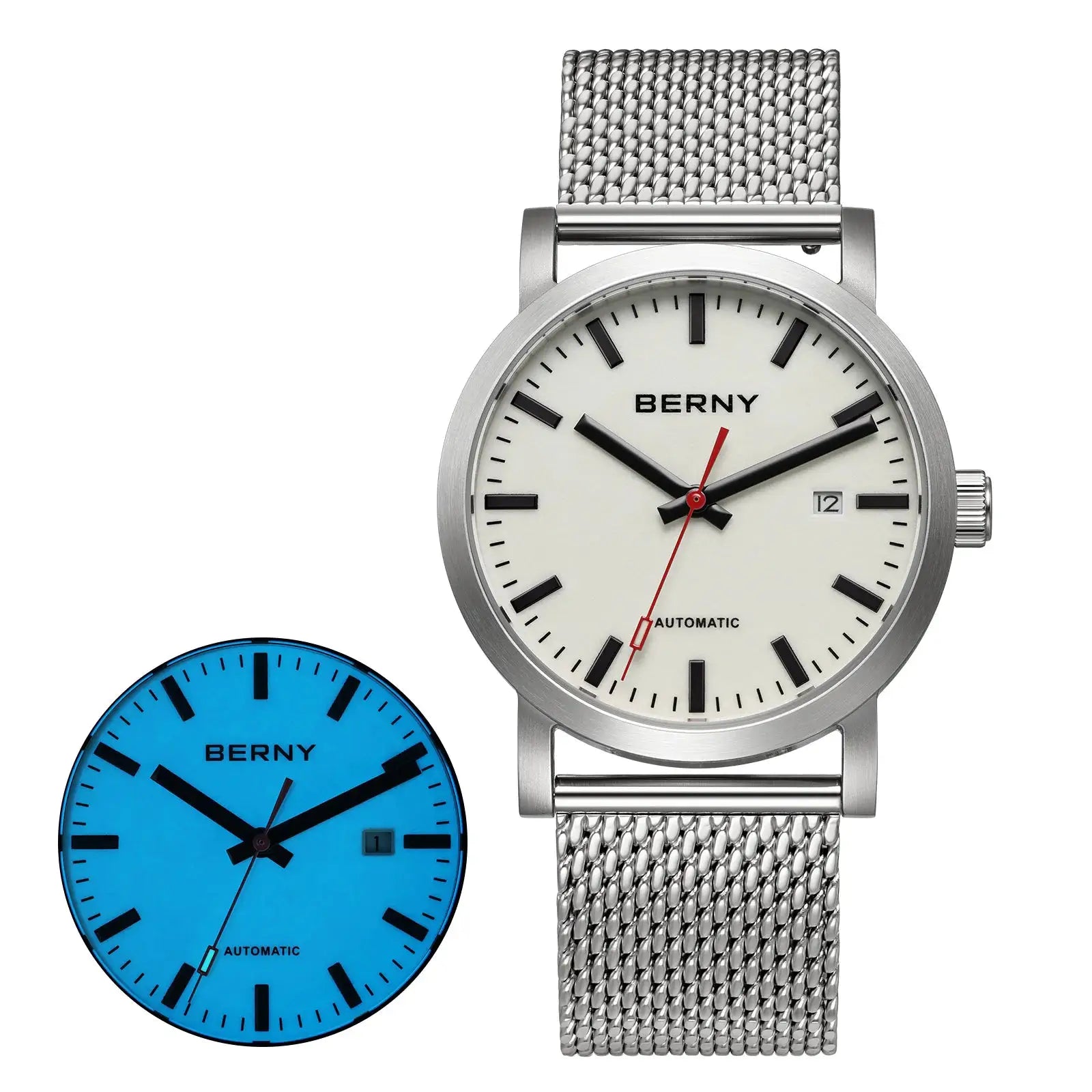BERNY men's automatic wristwatch with stainless steel mesh band and white dial; blue variant visible, two watches.