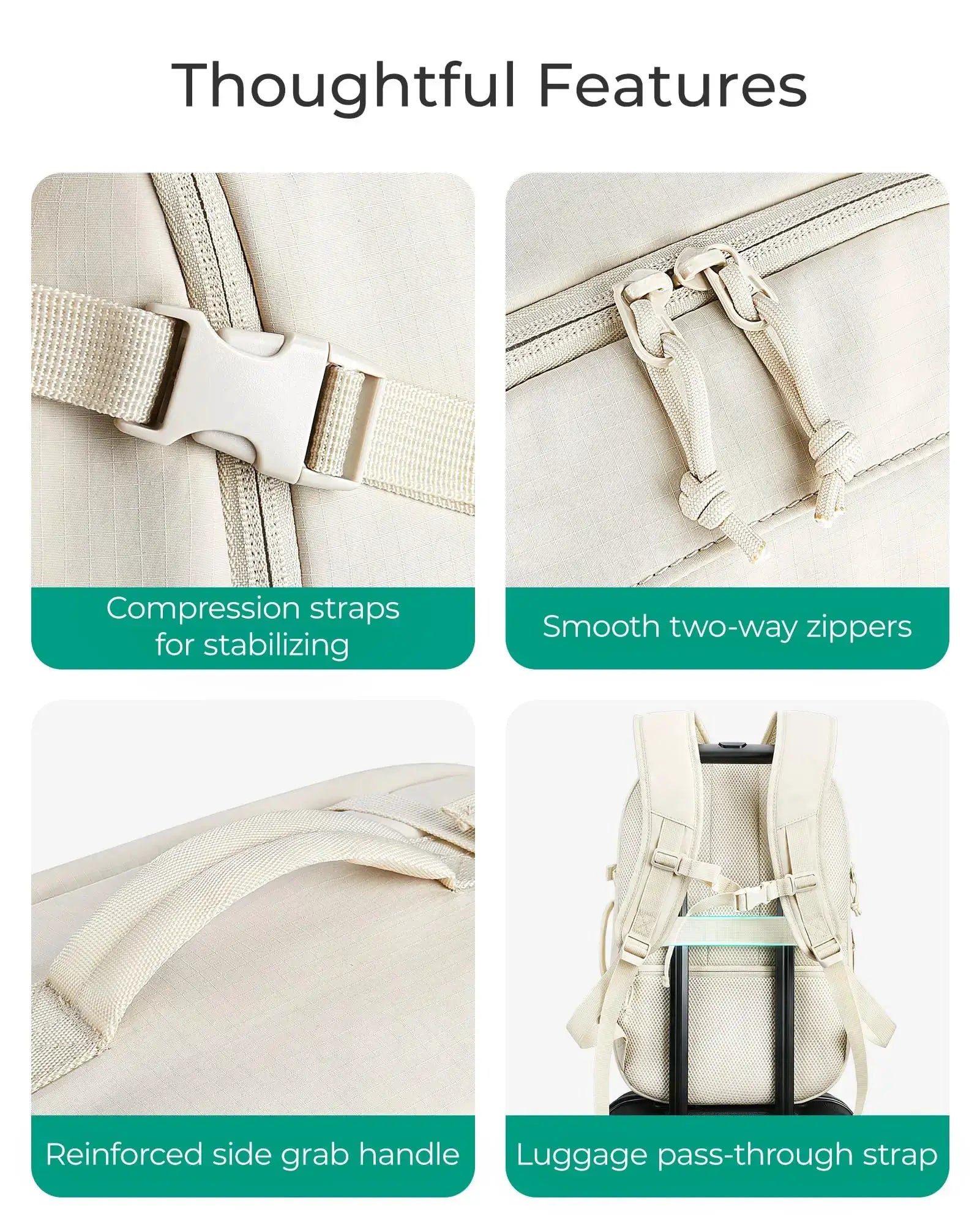 Beige BAGSMART travel backpack, 30L carry-on with reinforced side grab handle and luggage pass-through strap.