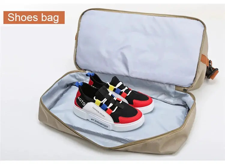 Travel gym bag opened to reveal black, red and white sneakers inside; beige exterior with light blue lining