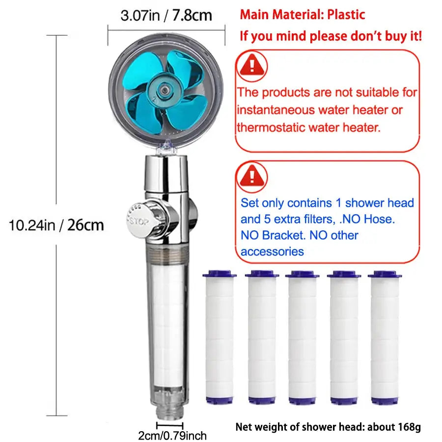 Simples Market handheld shower head with blue spray head and five filter cartridges