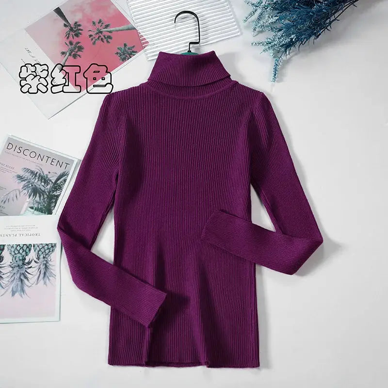 Women Turtleneck Sweater Slim Fit Elastic Knit Acrylic Cotton Blend Medium Stretch Solid Black