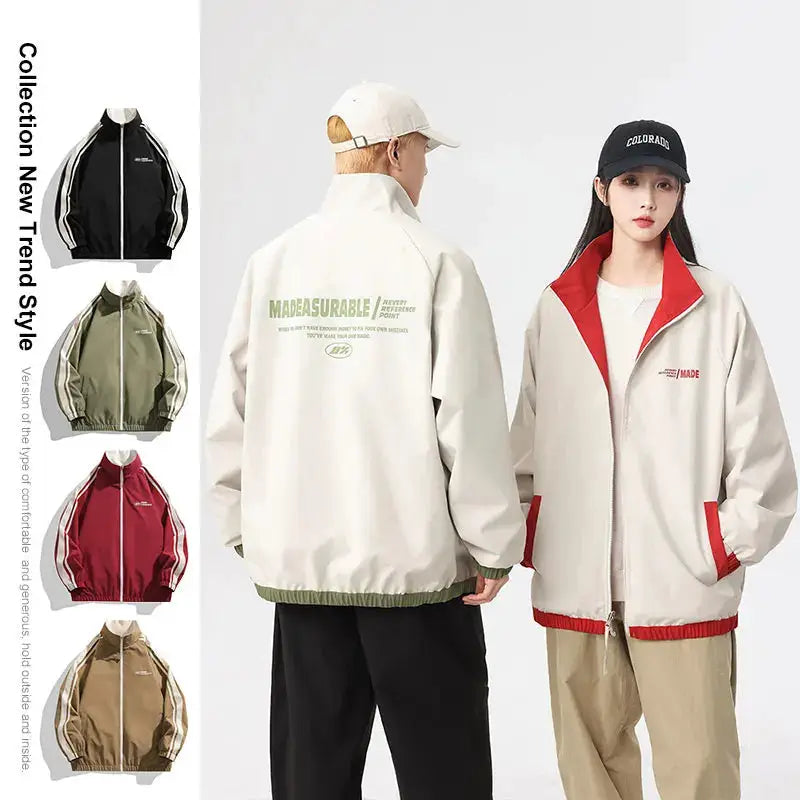 Two-sided reversible outdoor jacket for men and women; windproof and splashproof, white with red accents