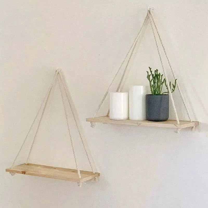 Wooden Hanging Shelf With Hemp Rope Wall Mounted Floating Shelf For Plants And Decor In Living Room