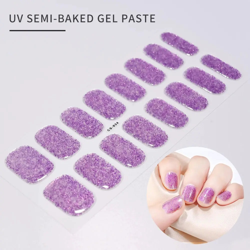 Purple glitter nail sticker sheet by Simples Market, 16-tip full-cover UV gel decals