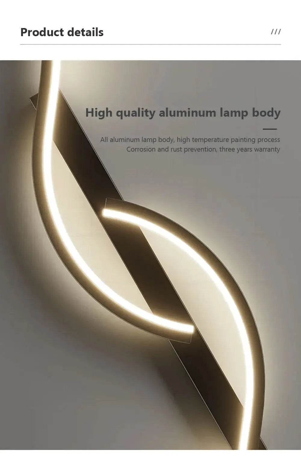 Modern LED wall lamp with two interlocking circular rings and an aluminum body emitting warm light