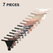 7-piece Simples Market women's thong set in leopard and pastel prints with crystal-letter waistband, low-rise.
