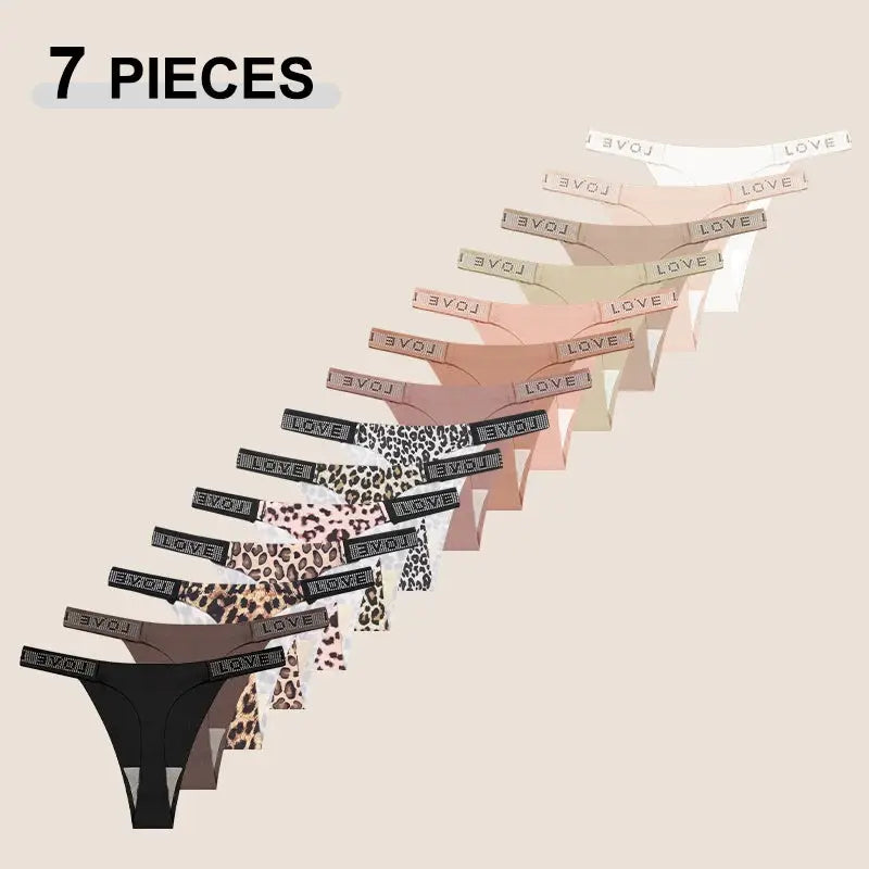 7-piece Simples Market women's thong set in leopard and pastel prints with crystal-letter waistband, low-rise.