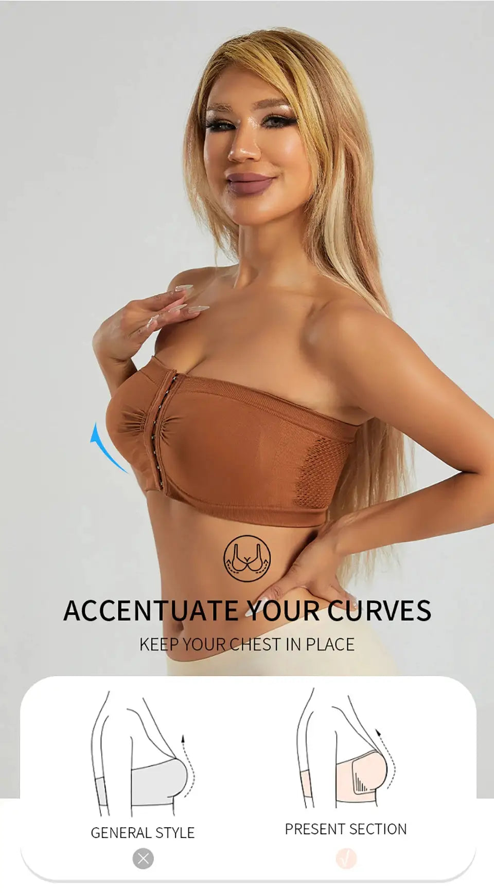 Women's plus-size strapless front-closure bandeau bra by Simples Market, brown seamless wireless bralette