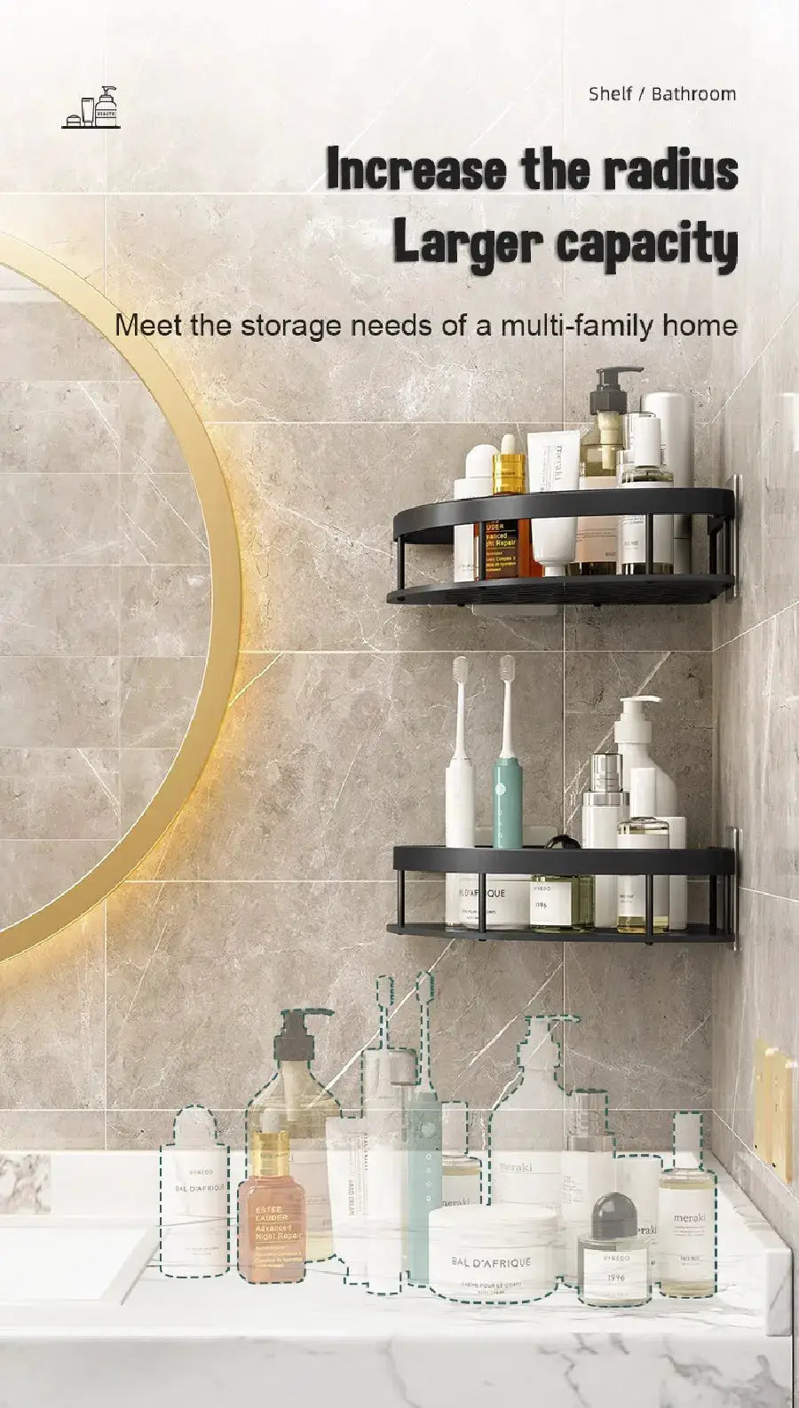 Bathroom corner shelves, black space-aluminum, wall-mounted two-tier shower caddy