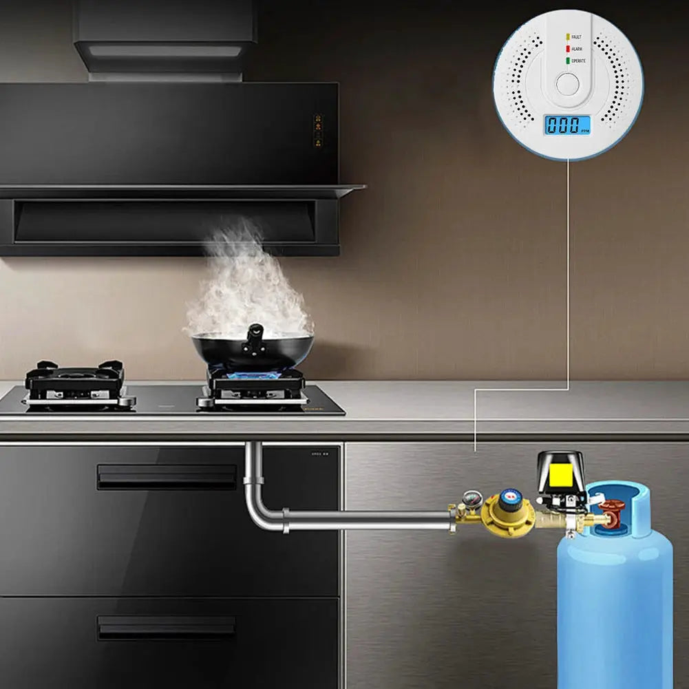 Simples Market digital carbon monoxide detector; white round CO gas monitor with blue LCD display