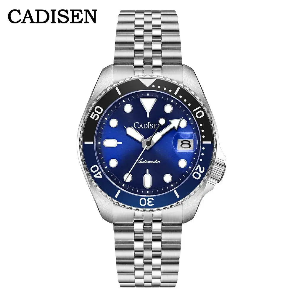 CADISEN men's automatic wristwatch with blue dial, ceramic bezel and stainless steel bracelet