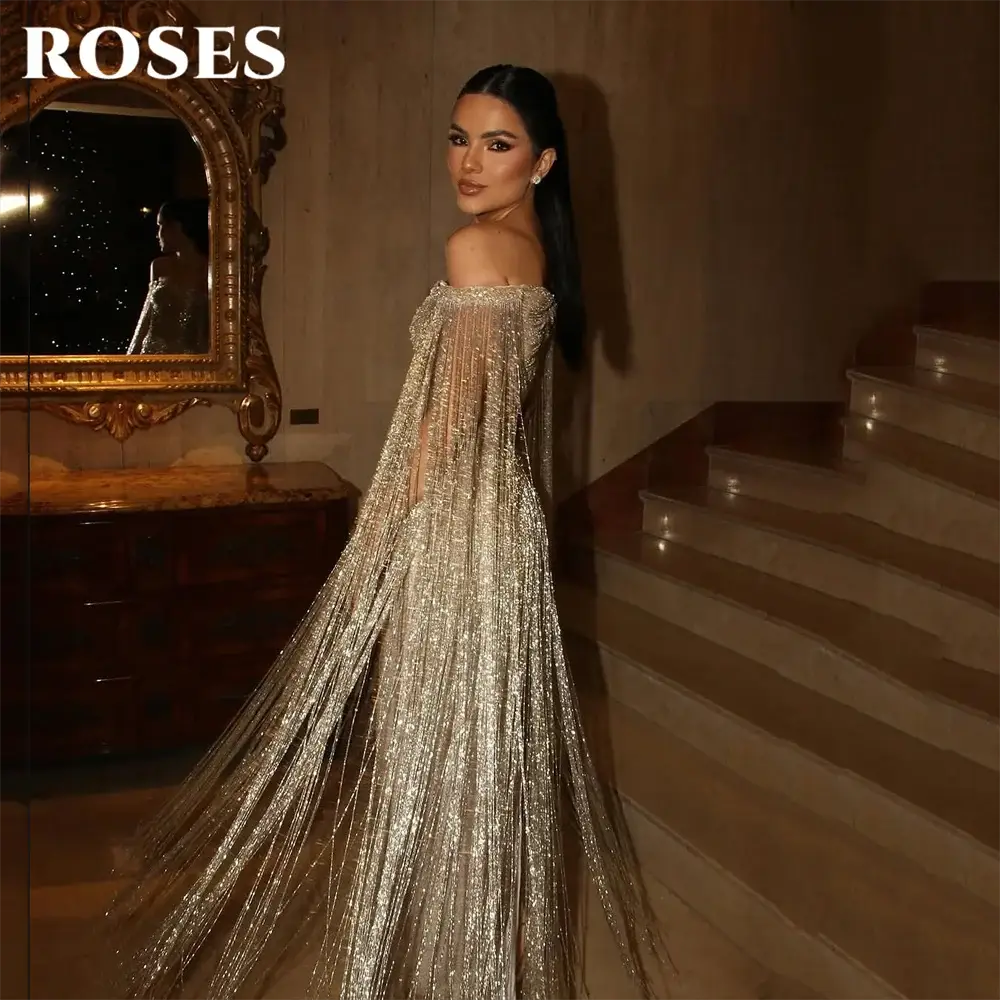 Roses Gold Luxury Evening Dress Off Shoulder Tassel Cape Gown Prom