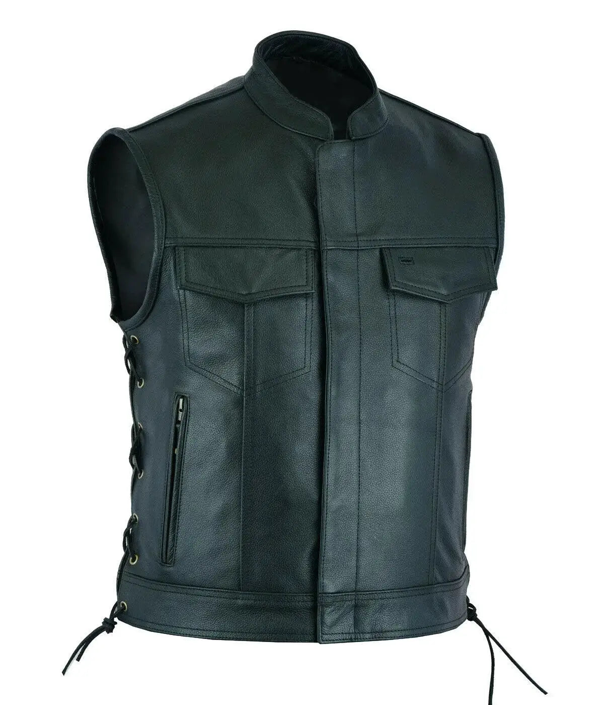 Leather motorcycle vest, black, stand collar, two chest pockets with flaps, side lace-up panels.