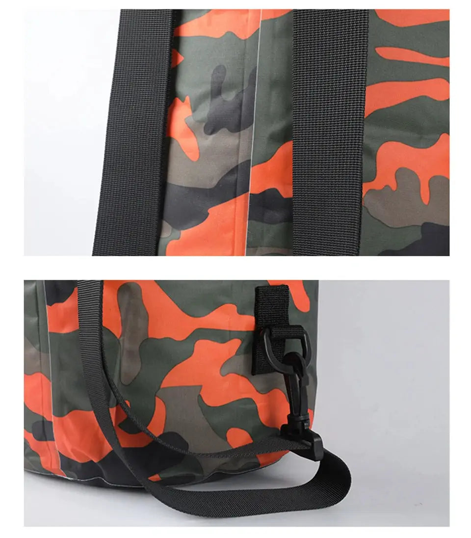 Simples Market camouflage waterproof dry bag with black shoulder strap and clip closure