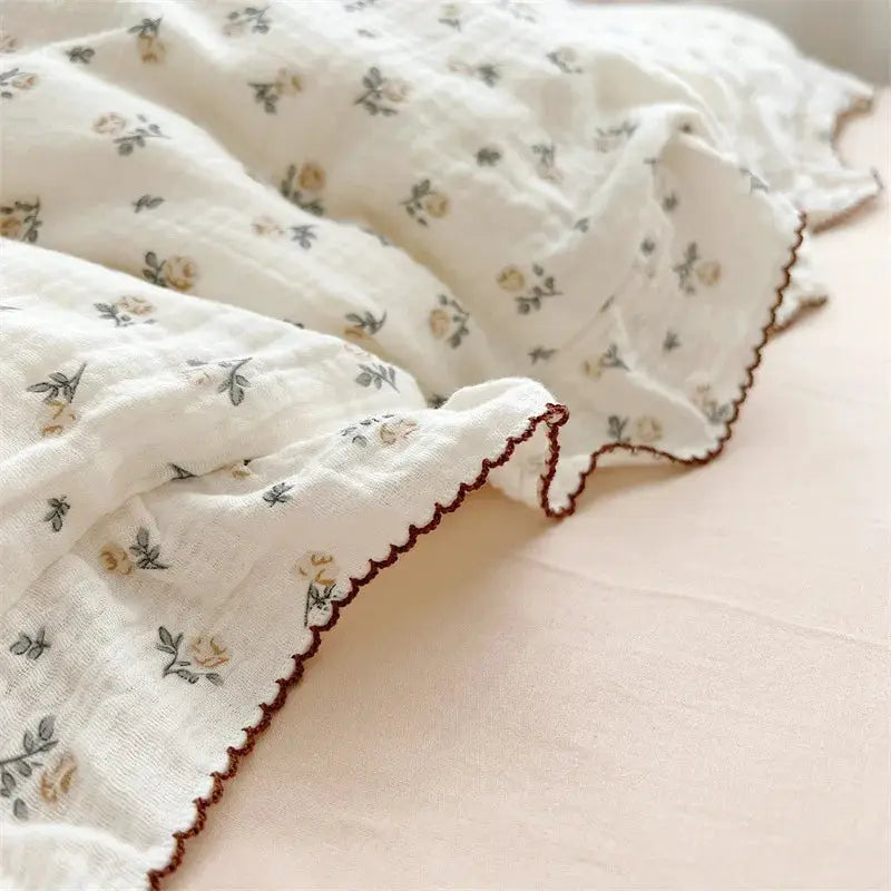 Pillow case from Simples Market INS Princess floral gauze 100% cotton, white with yellow flowers and brown ruffle edge.