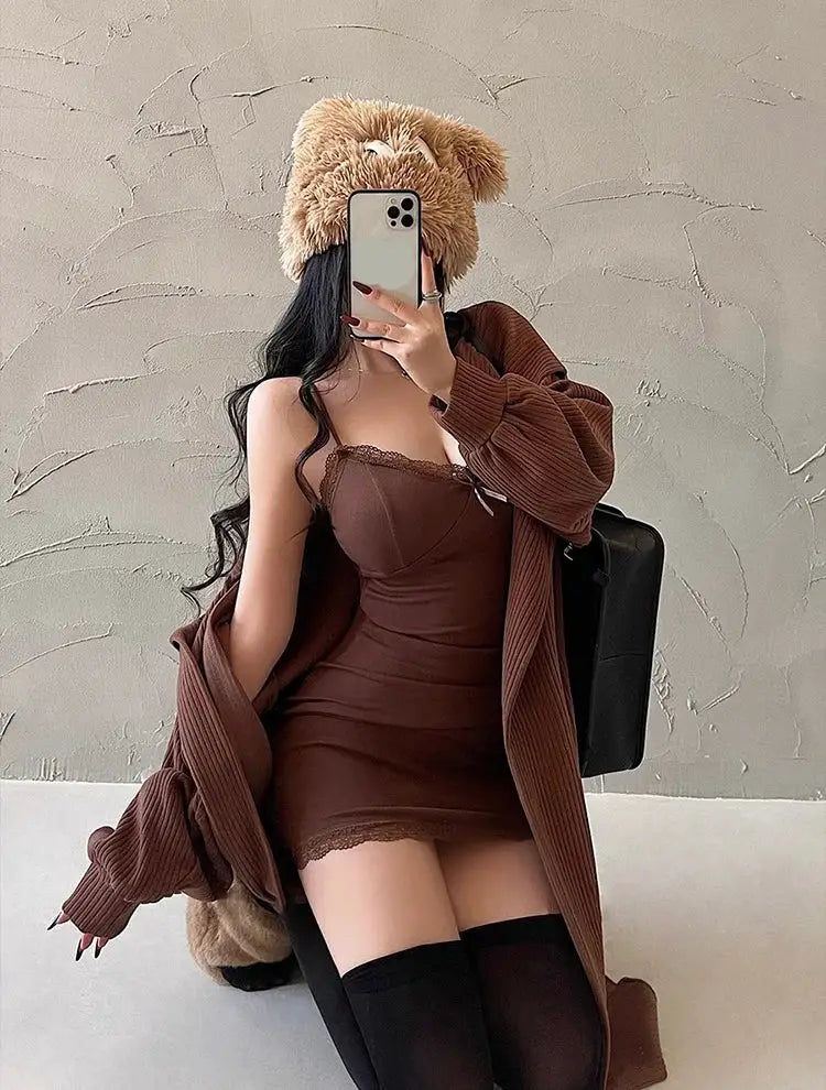 Y2K Retro Lace Patchwork Spaghetti Strap Black Bodycon Club Dress