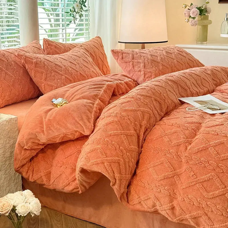 Simples Market Tafuru milk fleece quilt set in peach, thick warm solid color bedding on a bed with pillows