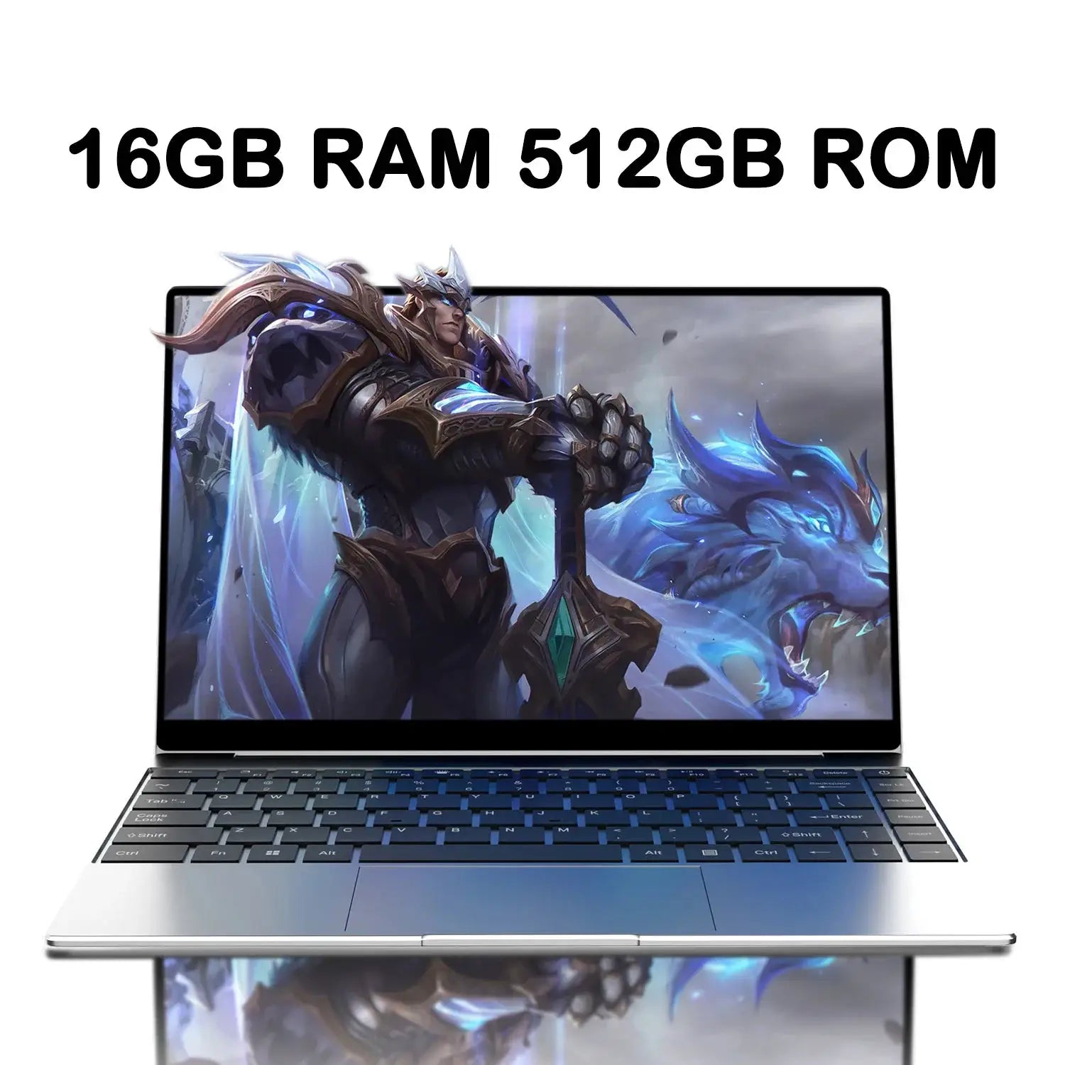Simples Market 14.1-inch gaming laptop with silver body and vibrant fantasy artwork on display.