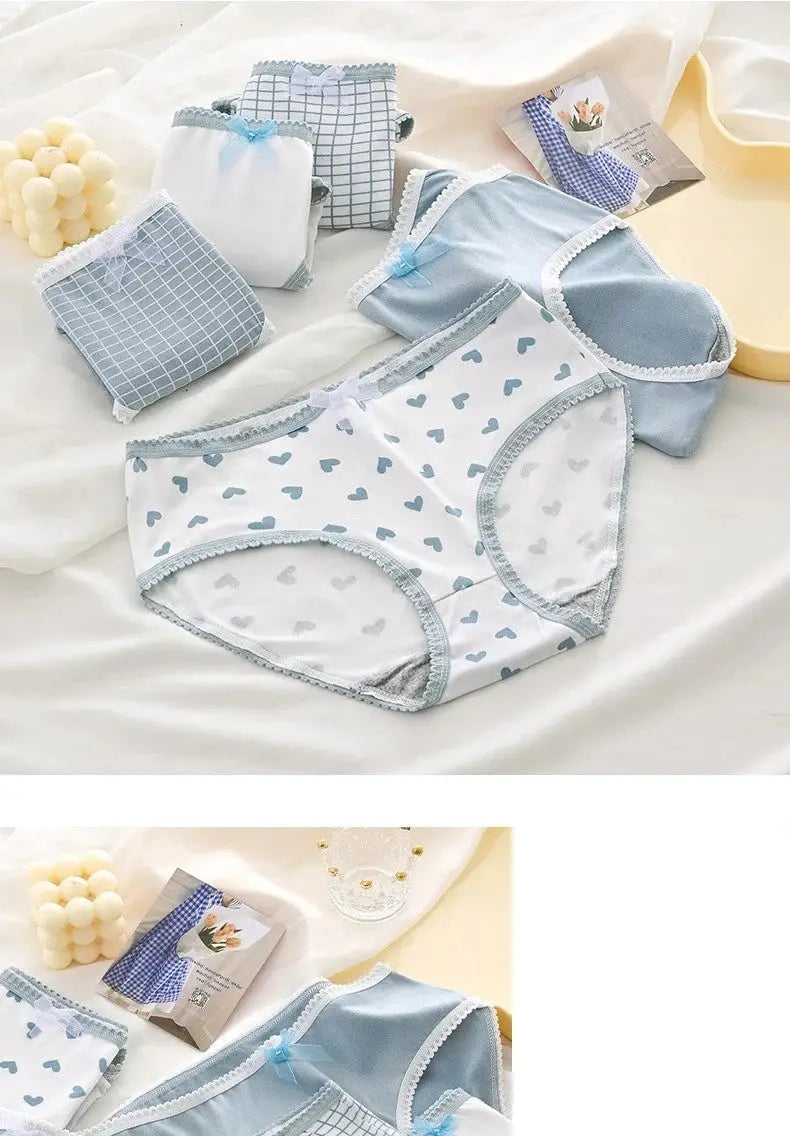 Simples Market 5-piece women's cotton panties set in blue/white heart prints with plaid designs and blue bow trims
