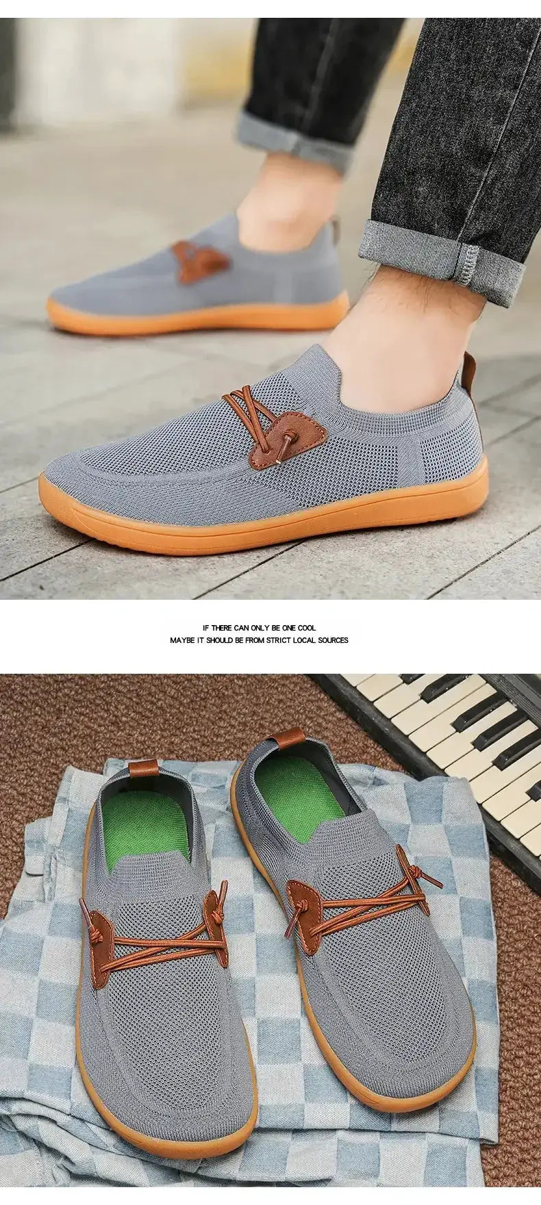 Simples Market wide barefoot shoes; grey mesh upper with orange sole and brown lace accents