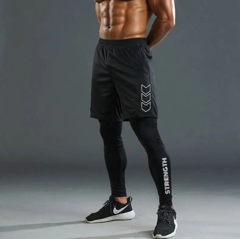 Men's 2-in-1 black compression sport pants with outer shorts and inner leggings, quick-dry training athletic wear