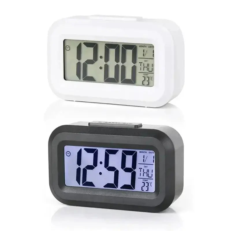 Led digital alarm clock with backlit display showing time, date, day and temperature; two white and black models for bedside or desk decor.