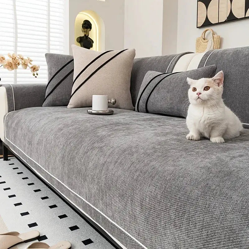 Sofa protector by Simples Market; heavy plush chenille gray cover with decorative stitching, non-slip, cat on sofa