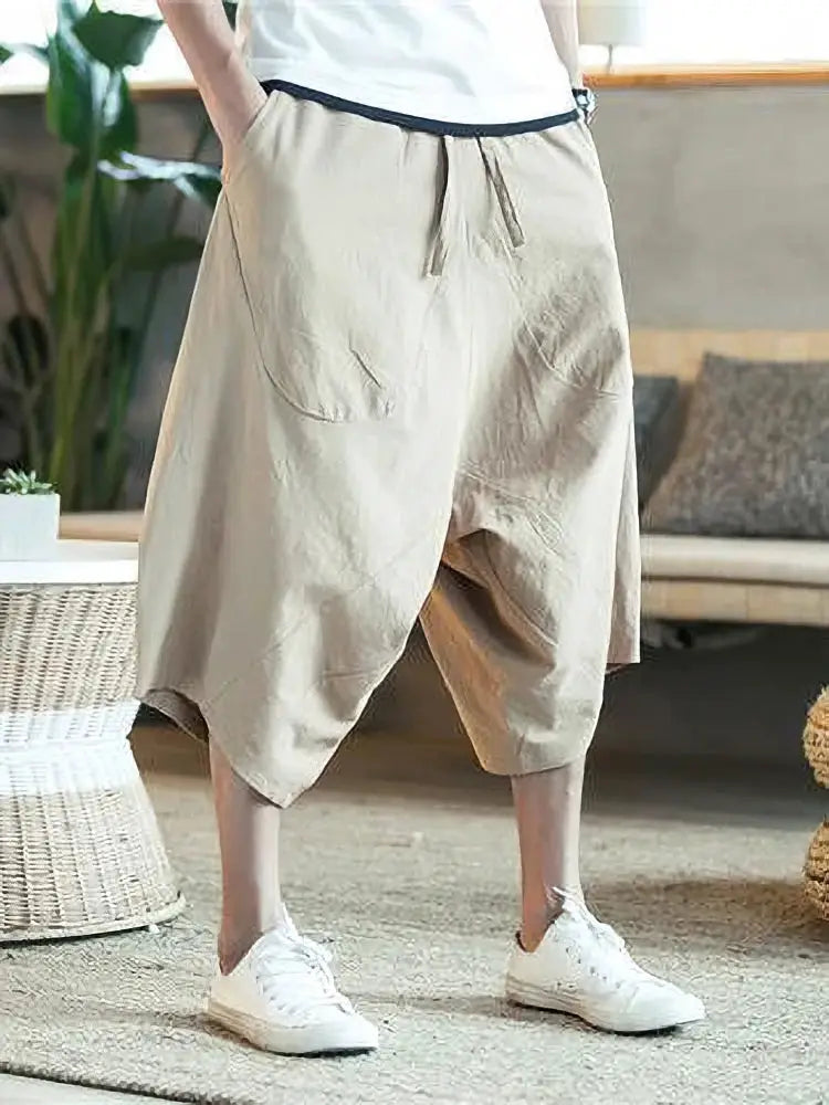 Men's beige cotton-linen beach shorts, wide-leg baggy capri style with drawstring