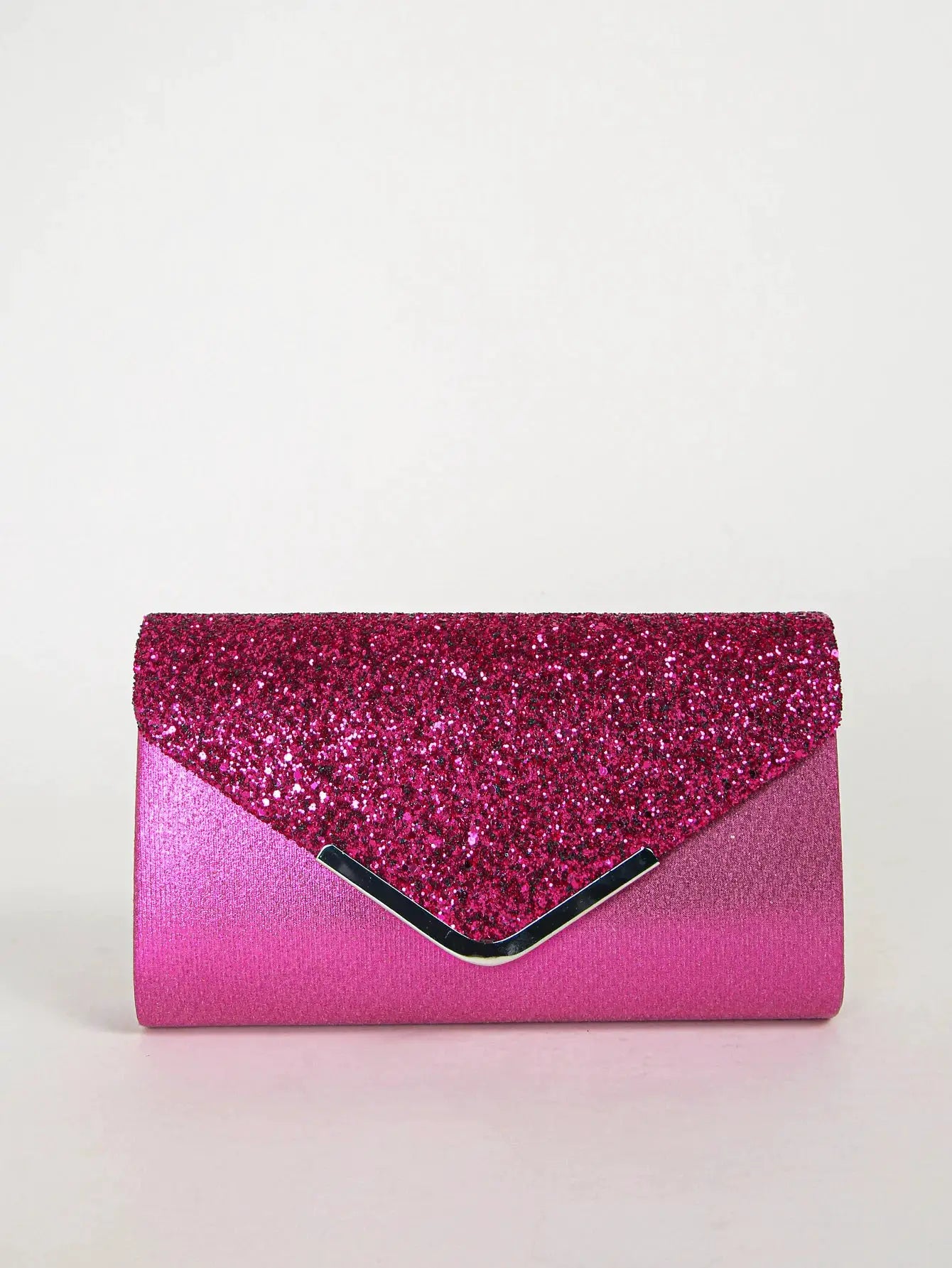 Sequin envelope clutch bag in pink with glittery top and silver V-clasp