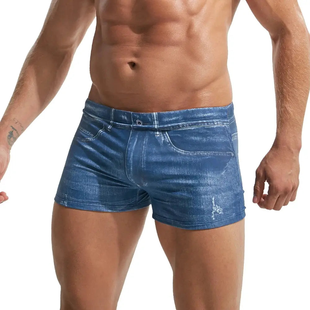 Men's 2XL denim-print board shorts, blue distressed swim trunks