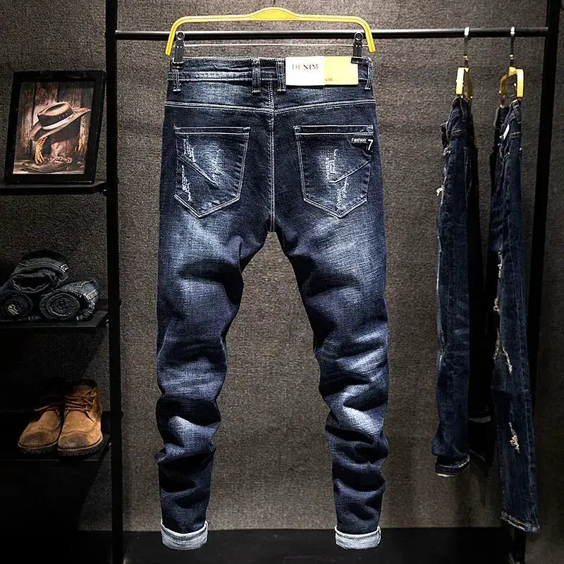 Men's elastic-straight ripped denim jeans, blue-black, Simples Market, multiple pairs on display