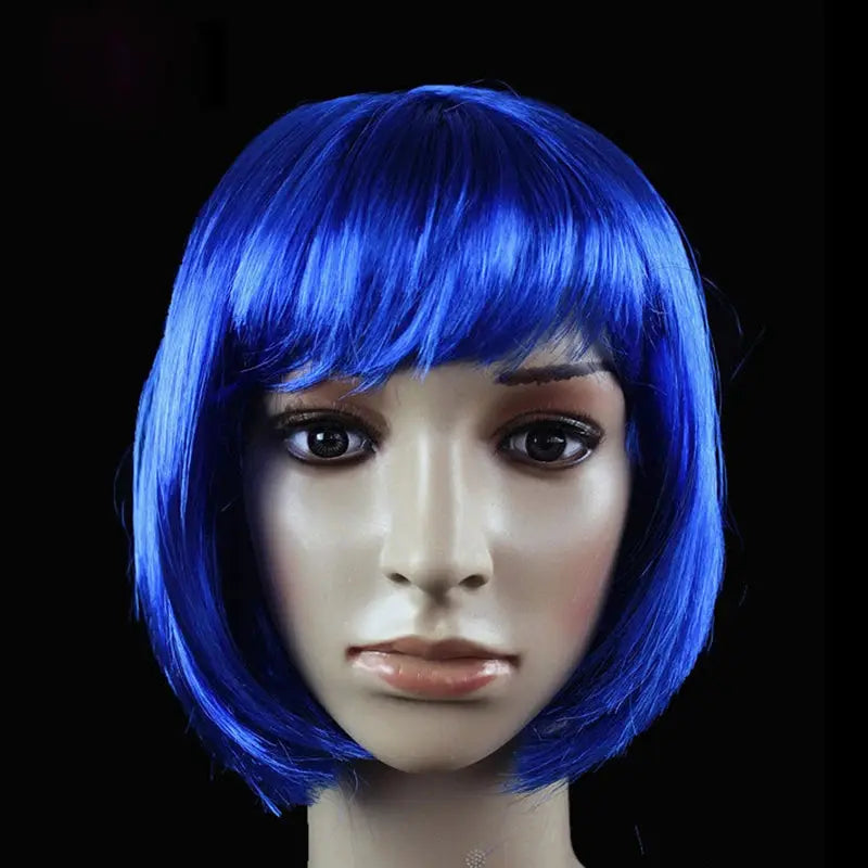 Electric blue short bob wig on mannequin head; synthetic Simples Market