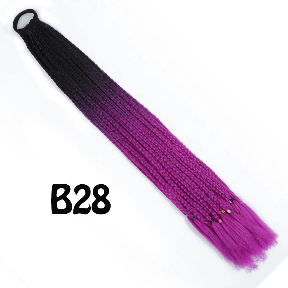 Synthetic gradient braided ponytail extension, 24 inches, black to purple to magenta, Simples Market, with elastic band