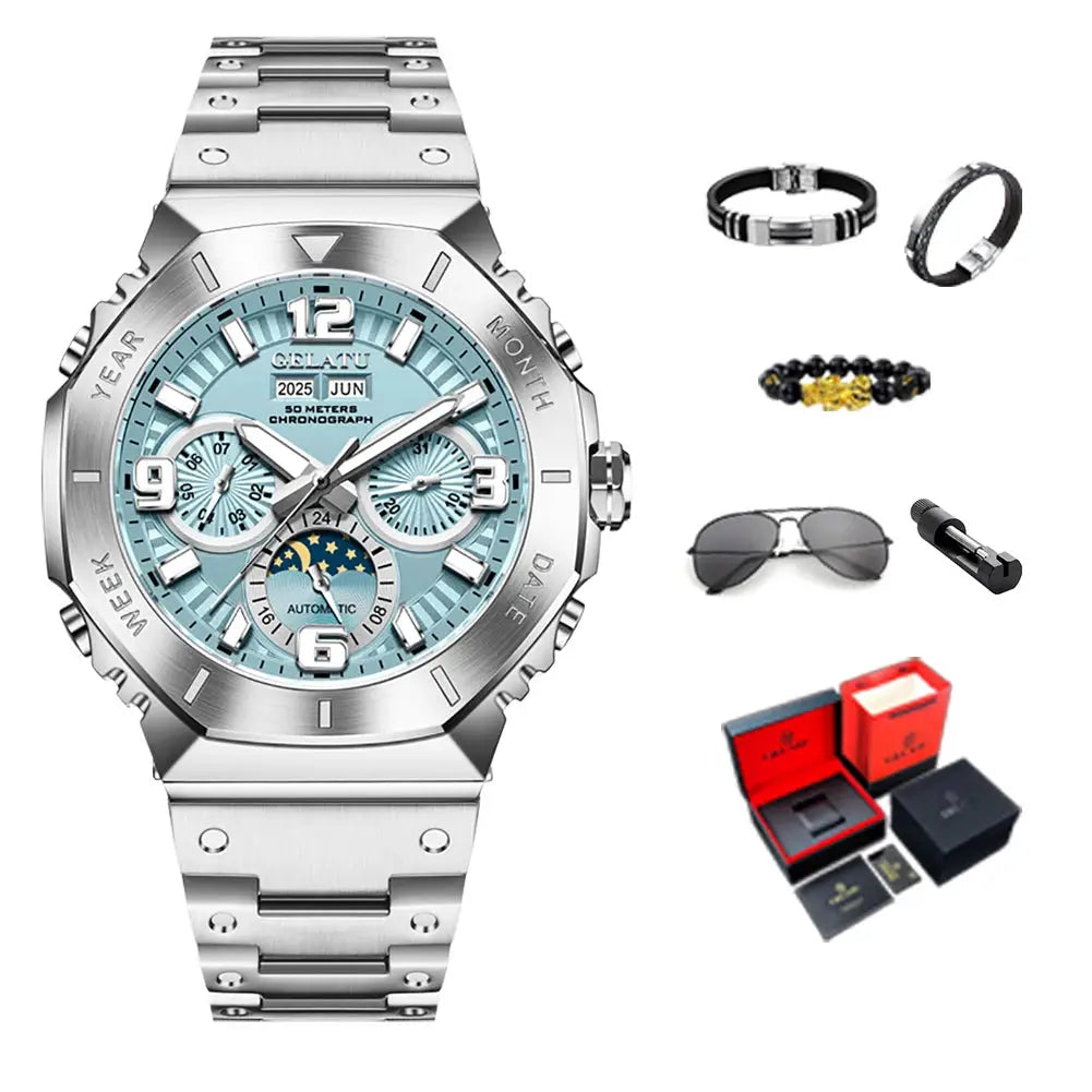 GELATU men's diving automatic wristwatch with moon phase, blue dial, 50m water resistance and stainless steel band
