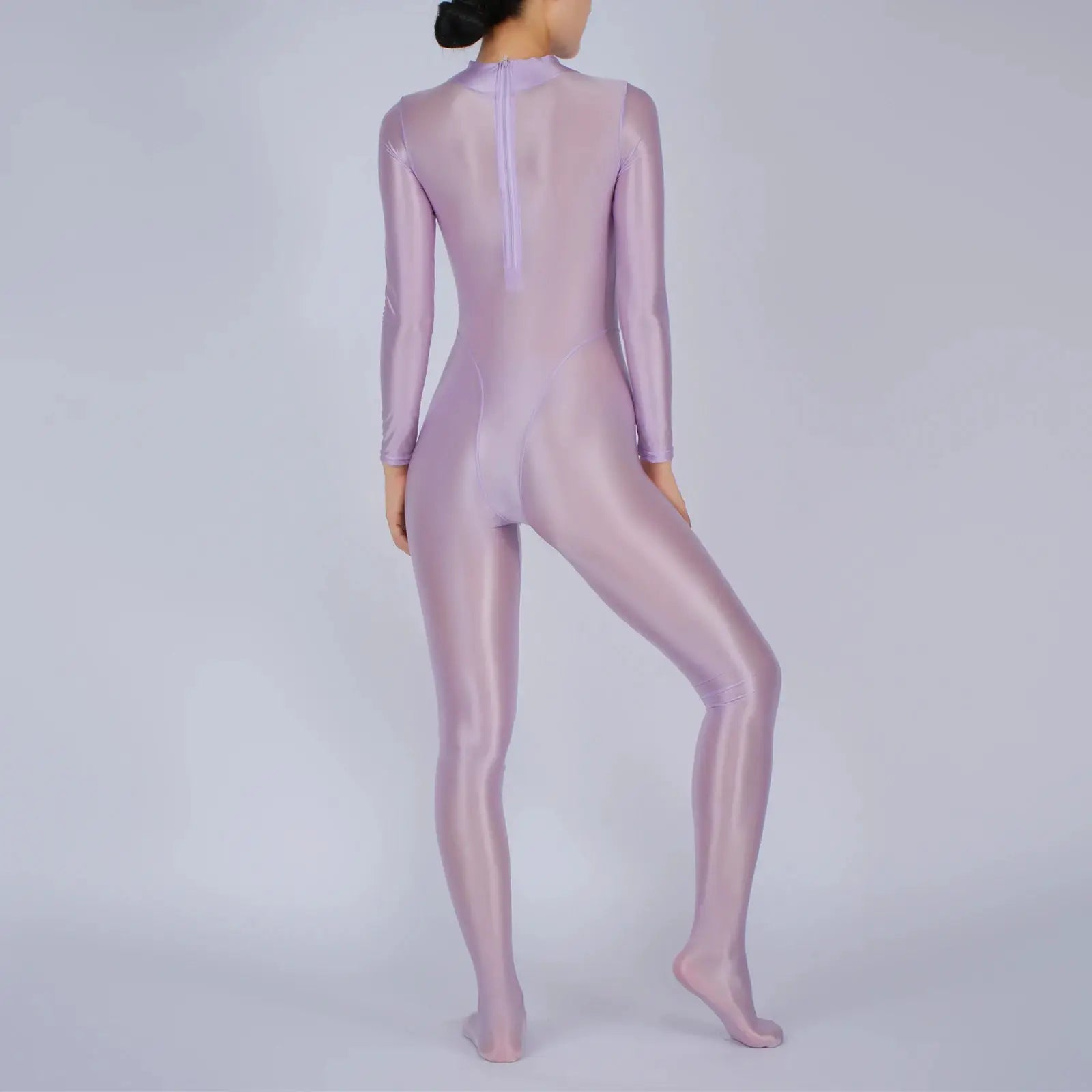 Women full-body jumpsuit; lavender metallic finish, long sleeves, footed legs, back zipper