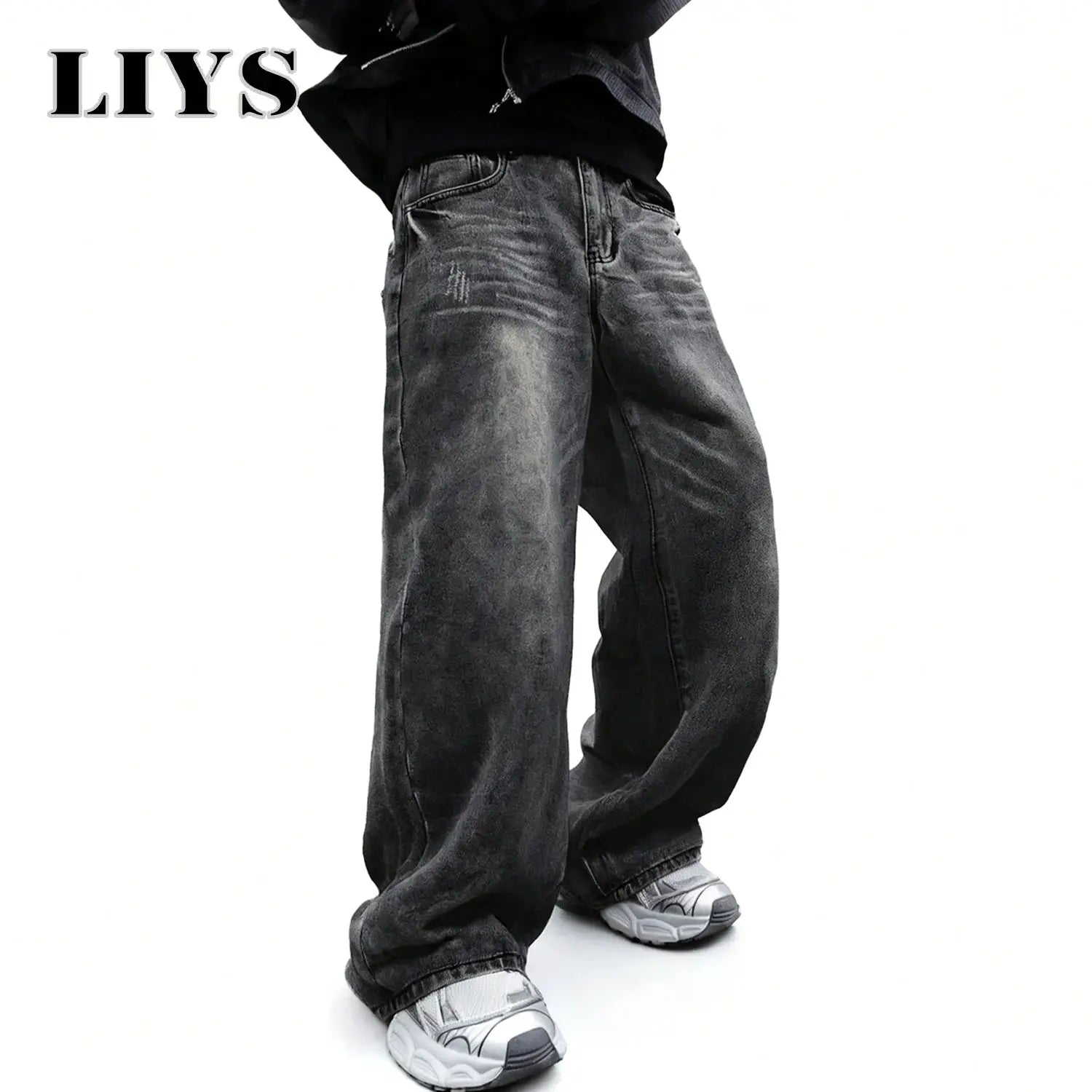 LIYS oversized gray denim jeans; unisex retro wide-leg style with distressed wash.