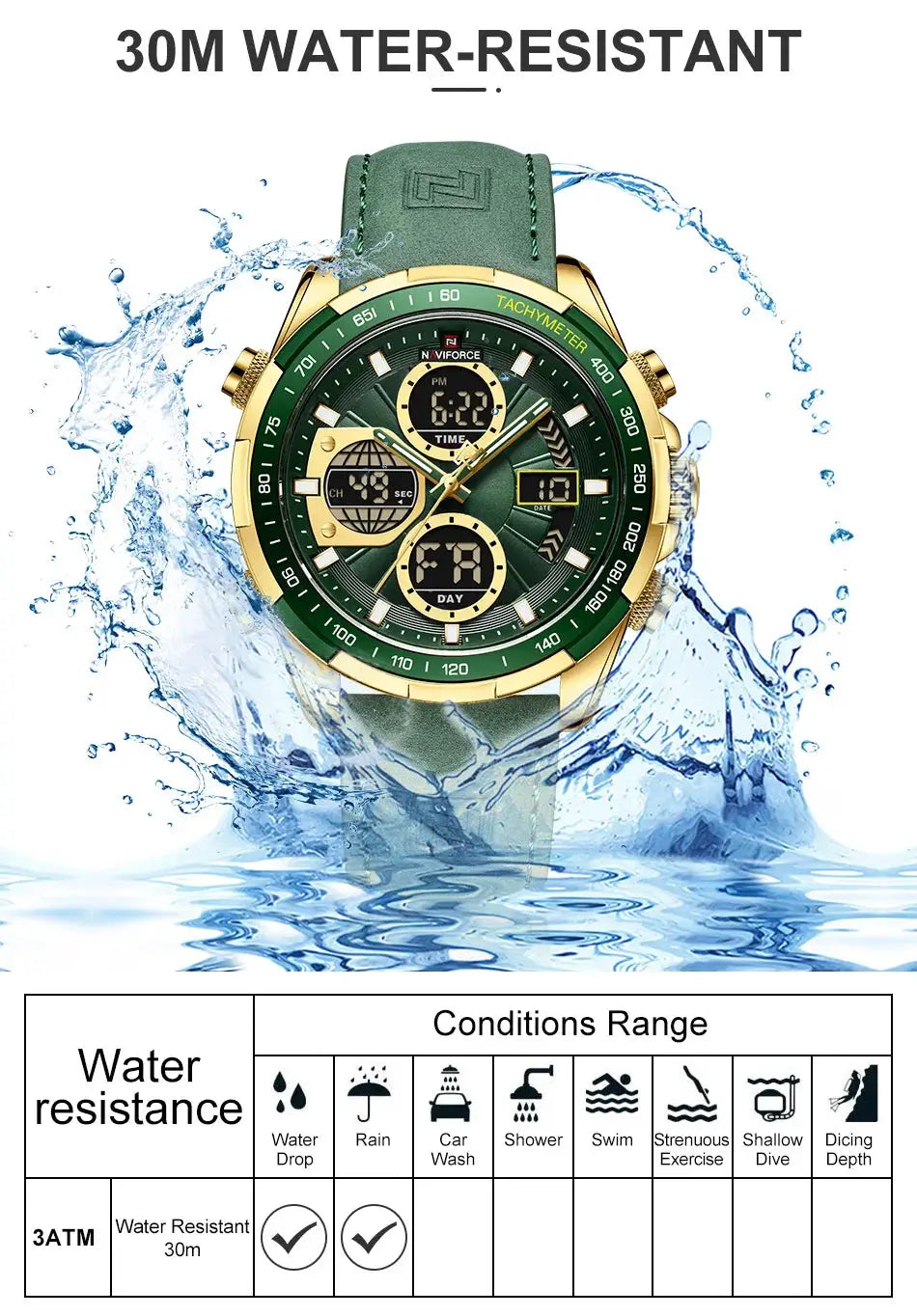 NAVIFORCE men's watch with green dial, gold-tone case, green leather strap, chronograph, 30m water resistant