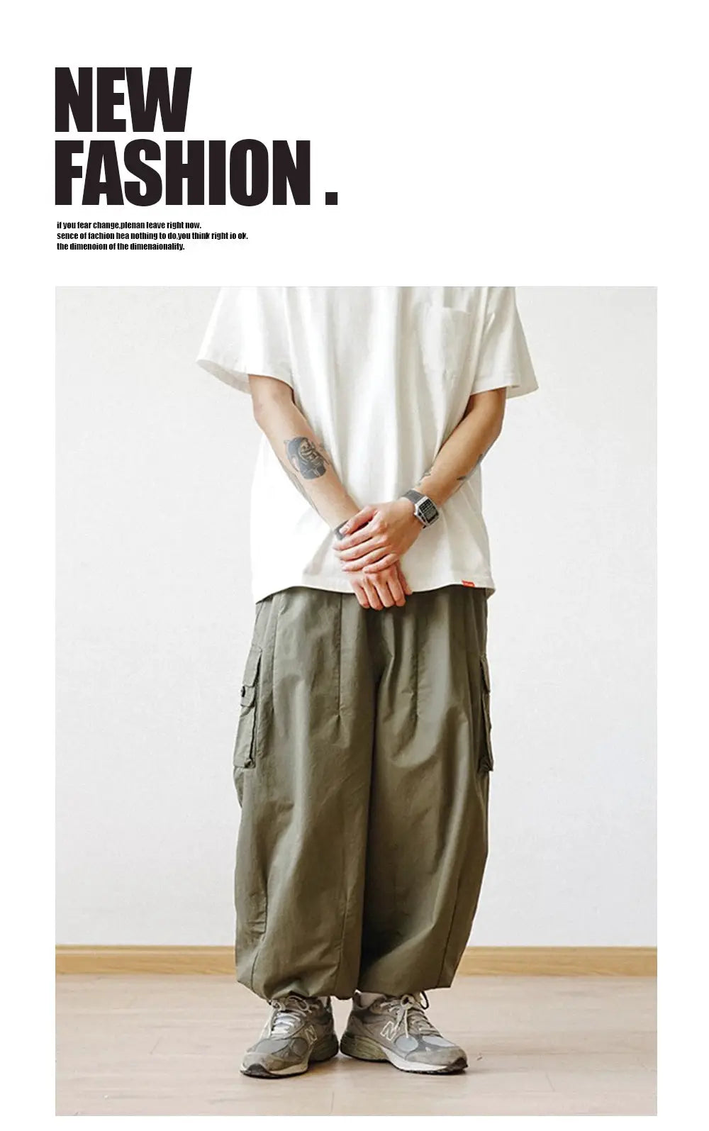 Multi-pocket cargo pants in olive green with oversized baggy wide legs, ankle-length.