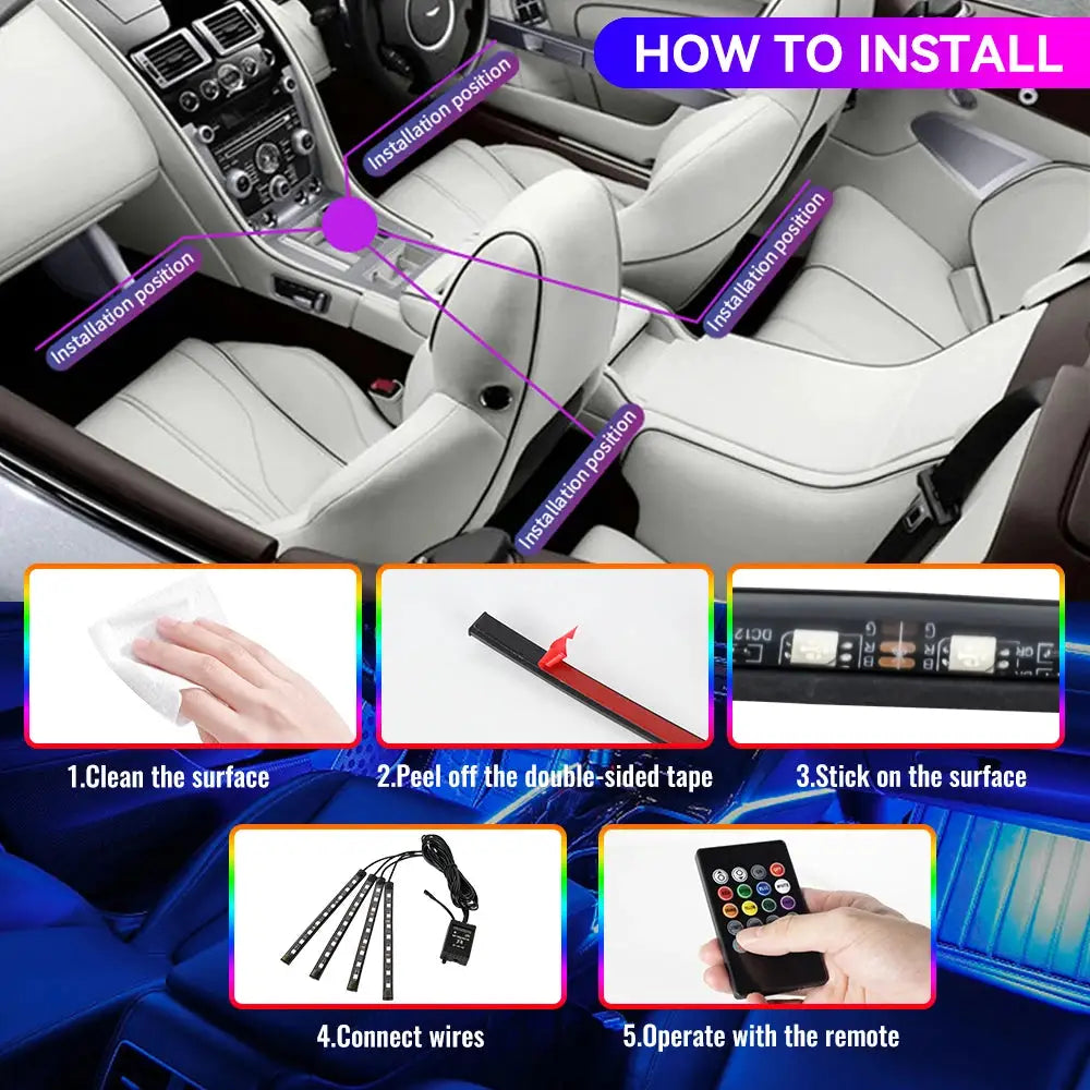 Neon 36 48 72 LED Car Interior Ambient Foot Light Kit RGB With Remote App And Music Sync Control