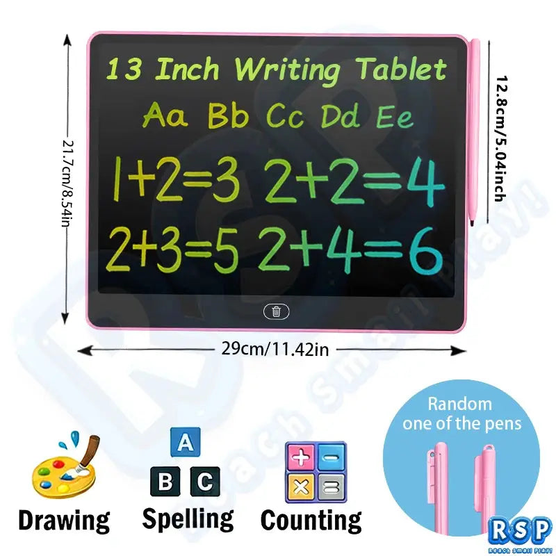 Simples Market 13-inch LCD drawing tablet with pink frame and stylus for drawing, spelling, and counting (ages 3–12).