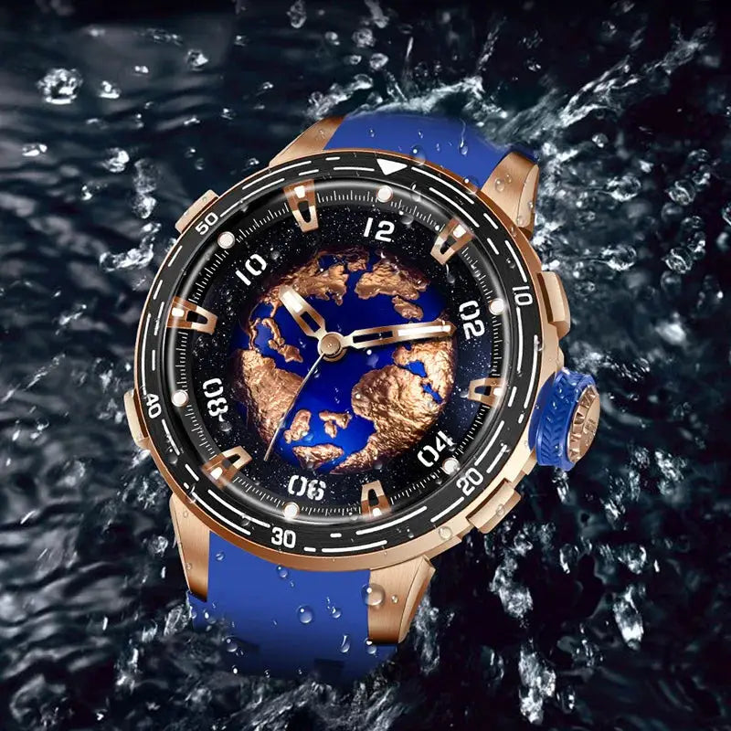 PINDU Planet Series Miyota 8215 mechanical watch with blue silicone strap, rose-gold case, curved glass, luminous hands.