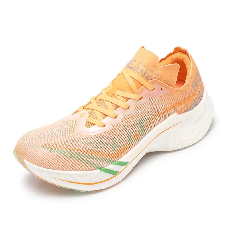 ONEMIX orange running shoe with white midsole and green accents, lace-up mesh upper.