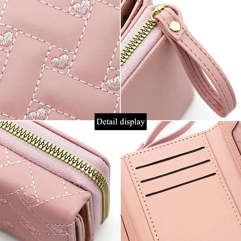 Women's pink PU tri-fold wallet with love-heart embroidery, gold zipper, card slots, wrist strap, Simples Market