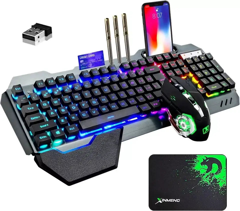 Wireless gaming keyboard and mouse set with RGB backlit keyboard and 7-color mouse; USB receiver and XINMENG mouse pad