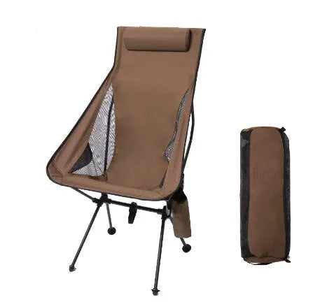 WESTTUNE portable folding camping chair with headrest and carry bag, brown fabric, aluminum alloy frame